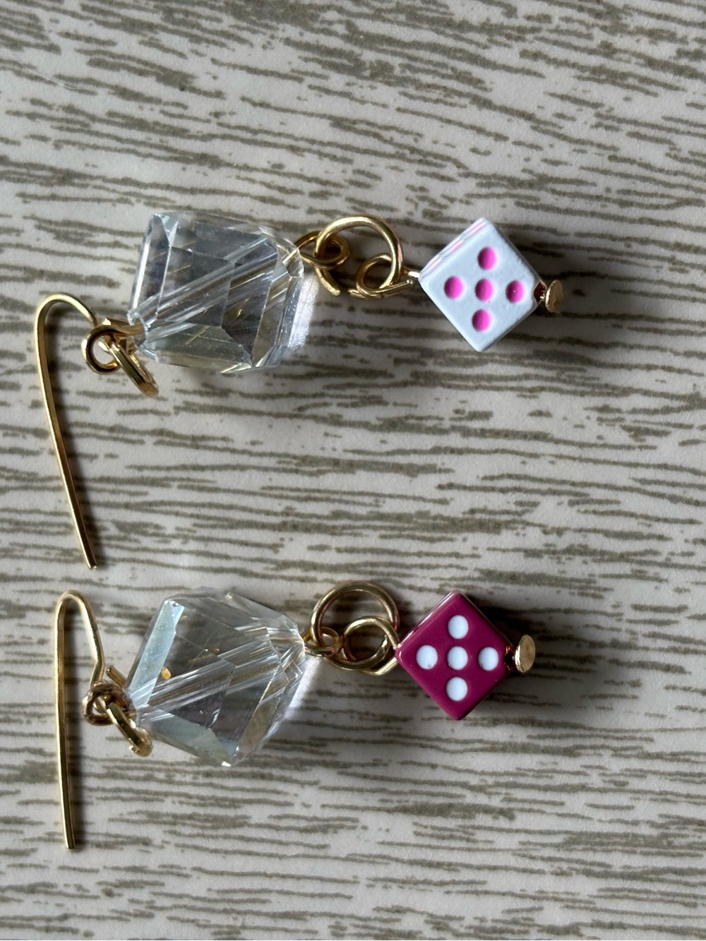 Hand Crafted Pink and White Dice Earrings with Clear Crystal and Gold Tone Hooks